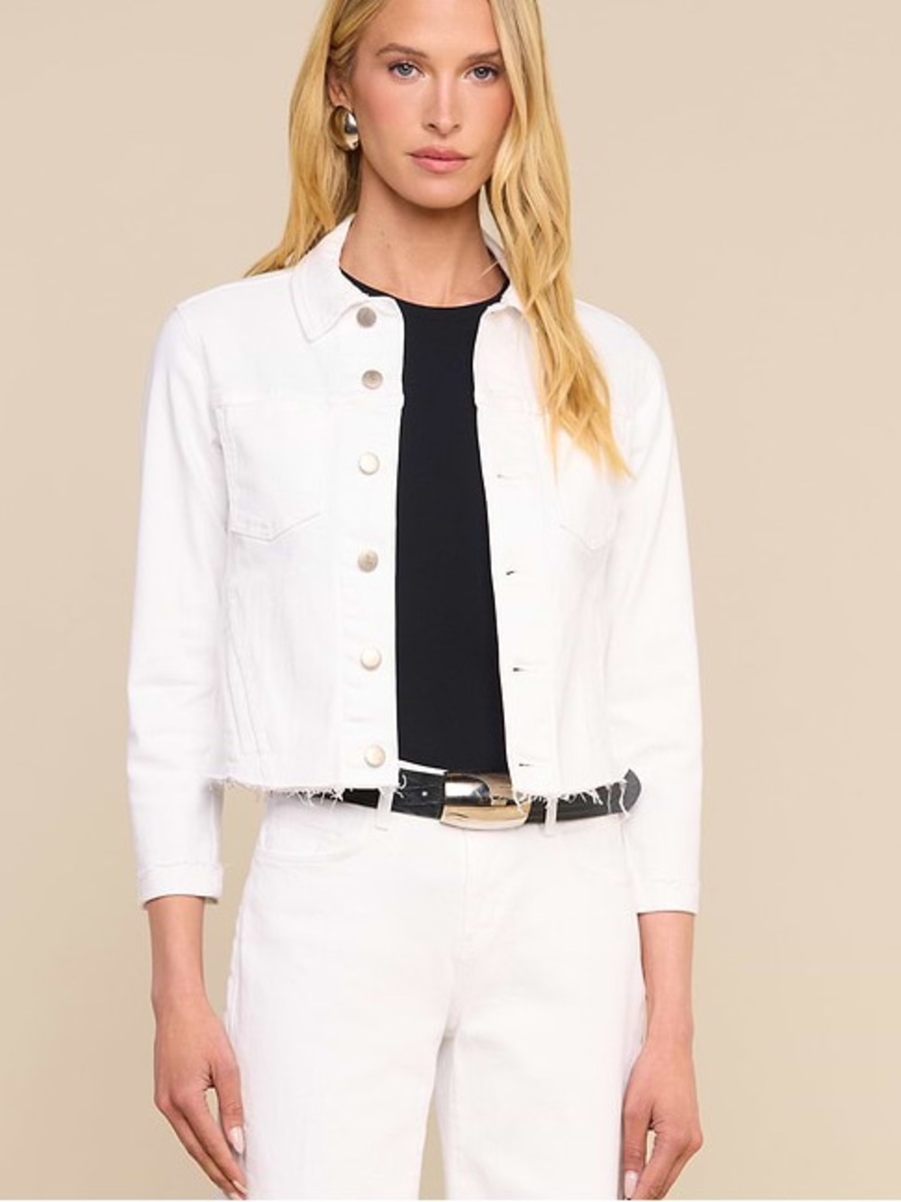 L'AGENCE Janelle Blanc Cropped Button-Front Denim Jacket